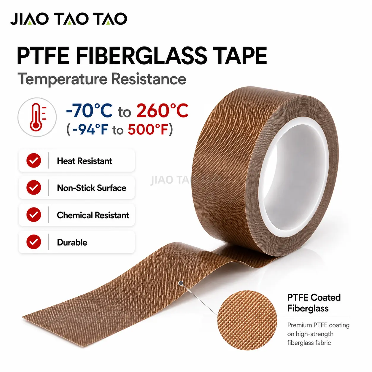 PTFE fiberglass tape FAQ and product detail showcase.